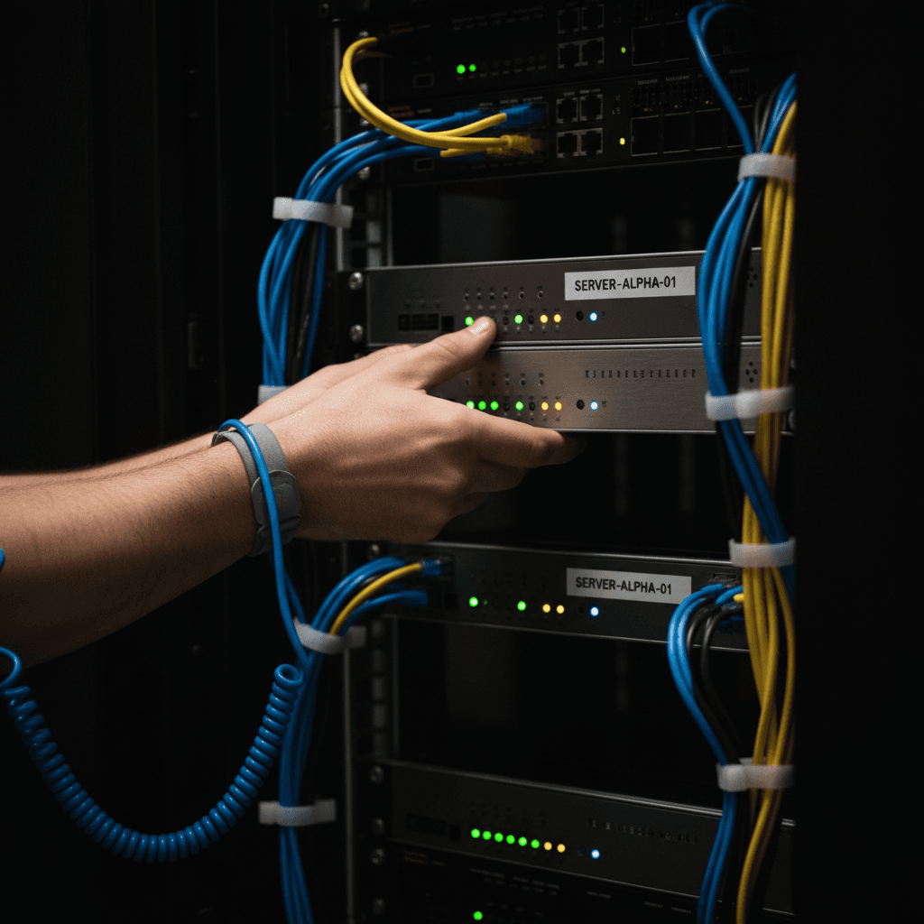 Technician installing a server in a rack
