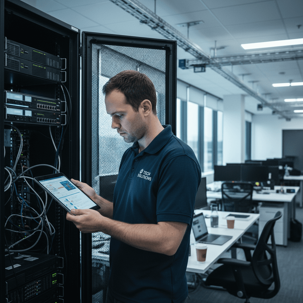 Technician diagnosing hardware issue on site