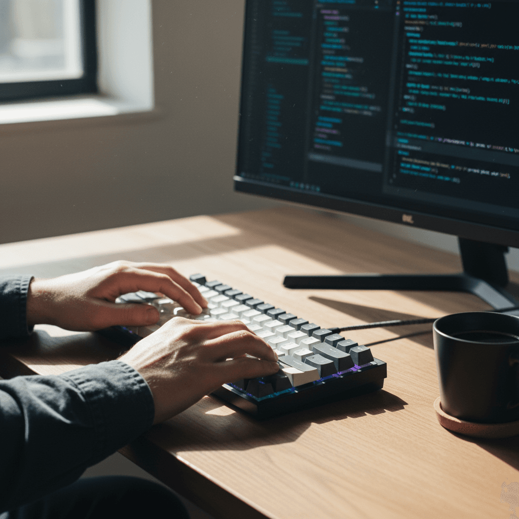Developer typing code on a mechanical keyboard in a bright office