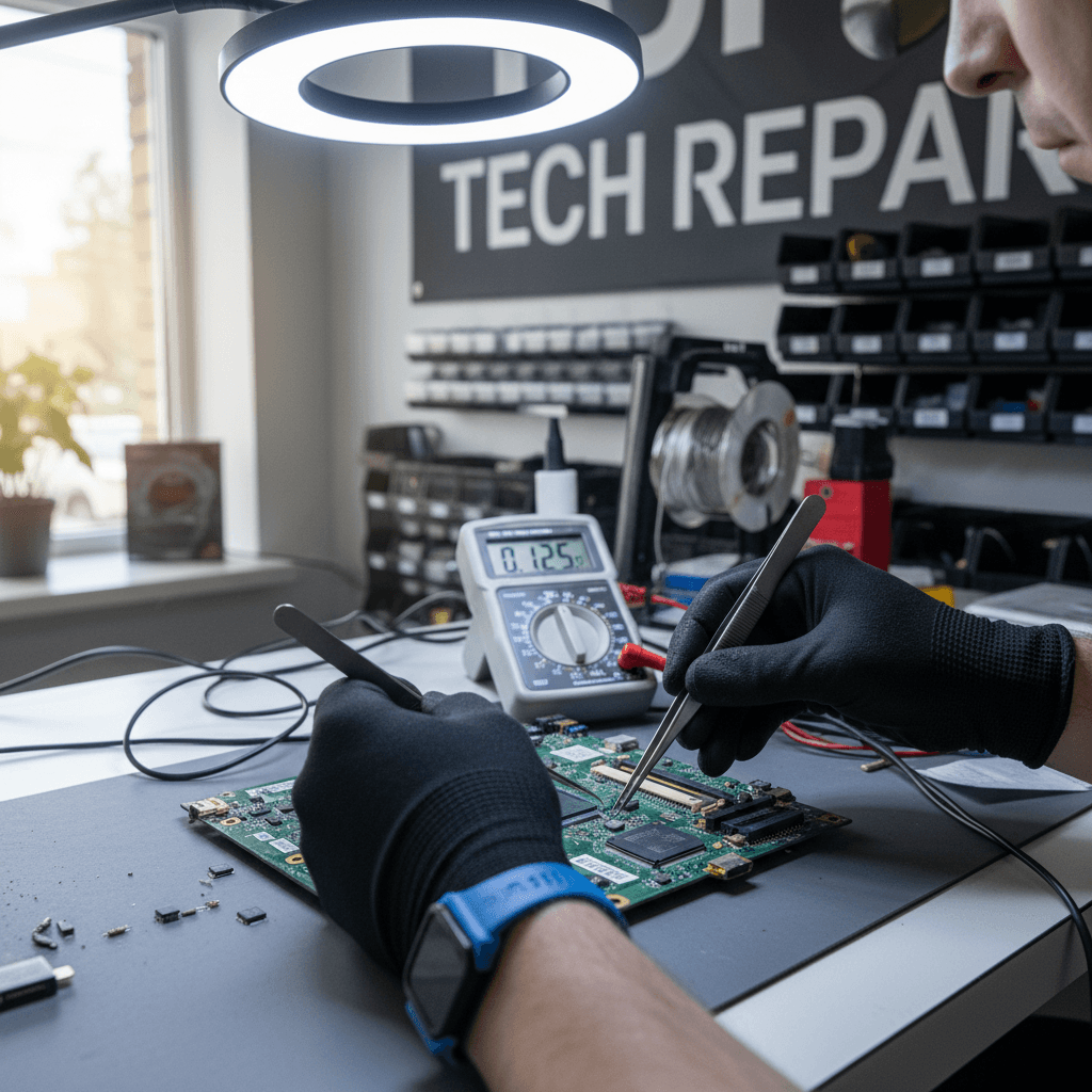 Technician installing a component onto a motherboard at a workstation