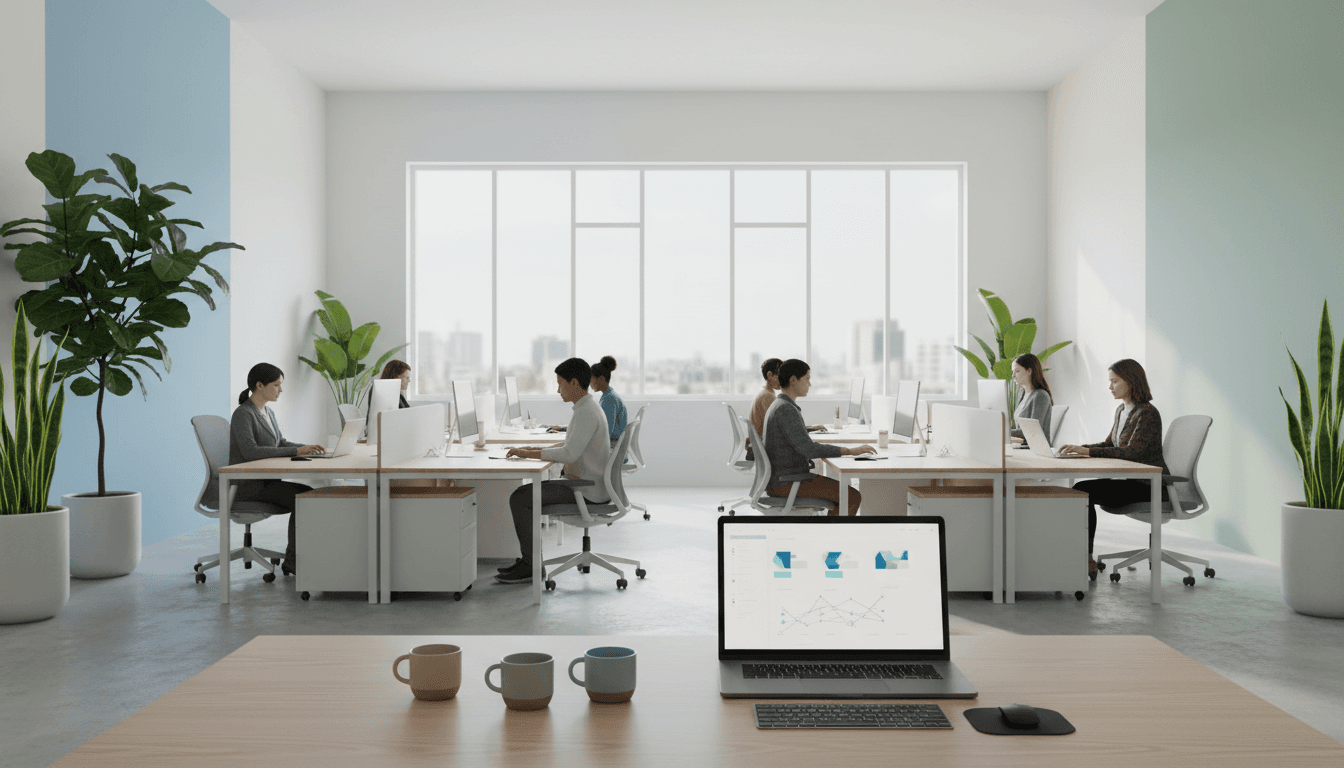 Open-plan tech office with employees at desks and natural light
