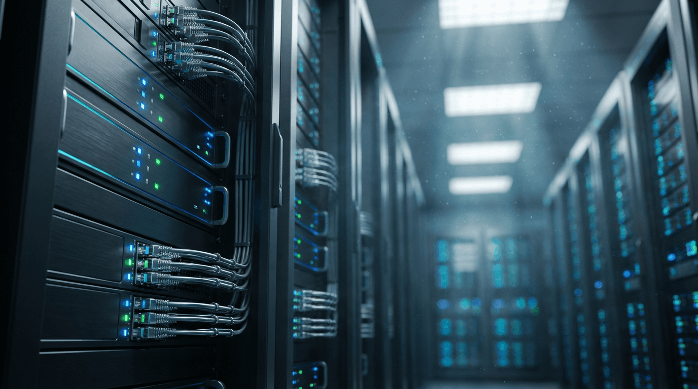Close-up of a server rack with glowing blue LEDs in a dark data center