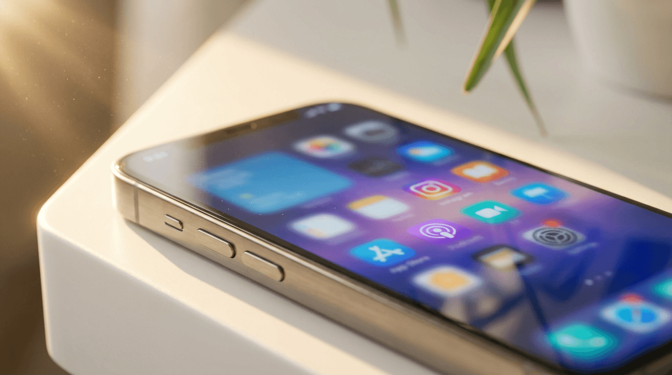Smartphone displaying a mobile app UI on a wooden desk